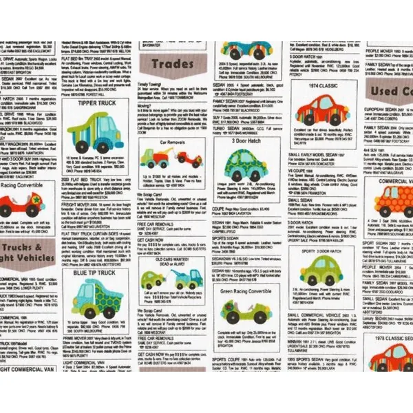 Patchworkstoff "Peak Hour", Zeitung mit witzigen Auto-Inseraten, orange-anthrazit-weiß