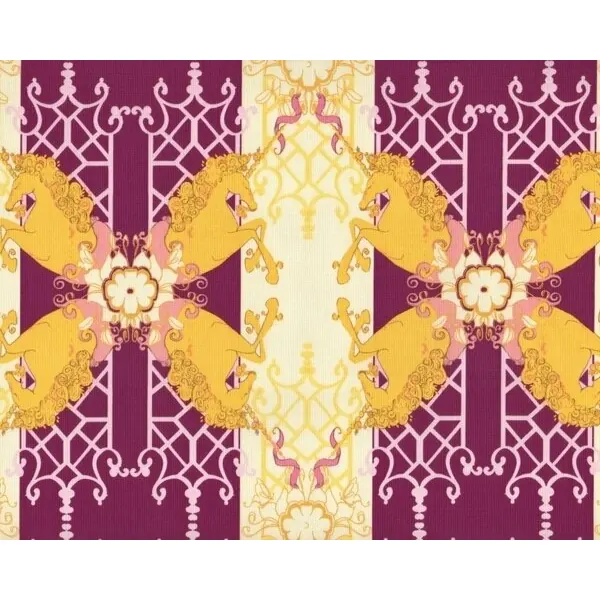 Patchworkstoff "Pernilla's Journey" mit märchenhaften Einhörnern, helles aubergine-goldgelb