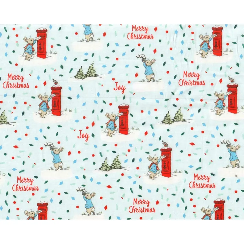 Patchworkstoff PETER RABBIT, Hasen mit Weihnachtspost, hellblau, Beatrix Potter