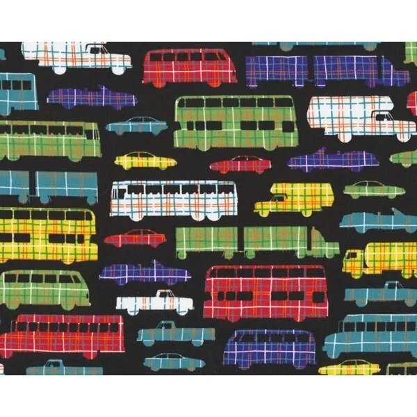 Patchworkstoff "Plaidsportation" mit großen und kleinen Fahrzeugen, gelb-rot-blau