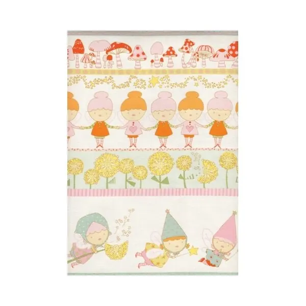 Patchworkstoff "Pocket Pixie Stripe", Bordürenstreifen mit kleinen Feen, orange-gelb-rosa