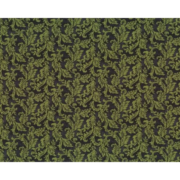 Patchworkstoff "Poppy Love" mit fedrigen Blattranken, moosgrün-schwarz