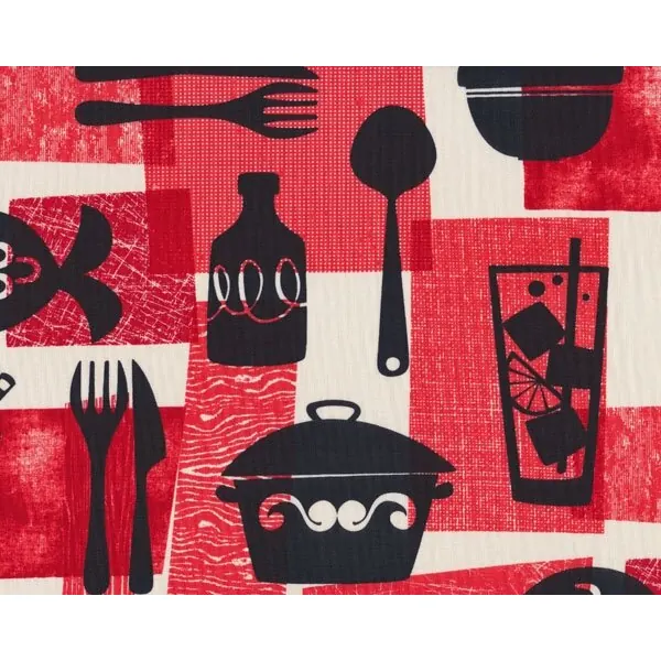 Patchworkstoff "Potluck" mit Geschirr im Retro-Style, hellrot-schwarz