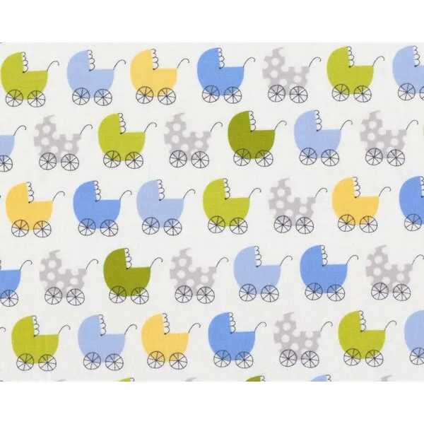 Patchworkstoff PRECIOUS mit Kinderwagen, hellblau-limette-pastellgelb