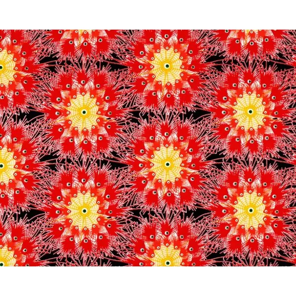 Patchworkstoff "Premier Lord" mit Pfauenfeder-Kreisornament, rot-gelb-schwarz