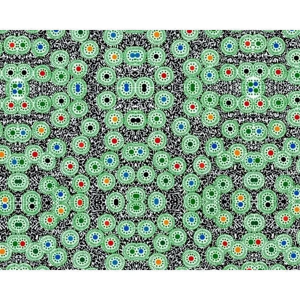 Patchworkstoff "Premier Lord" mit Punktekreisen auf gemustertem Grund, grün-schwarz