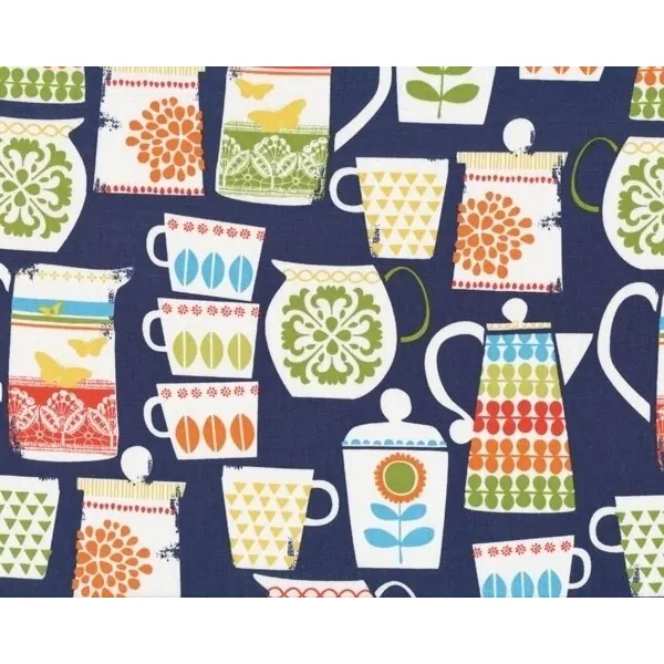 Patchworkstoff "Put a lid on it" mit Tassen, Krügen und Kannen mit feinem Dekor, dunkelblau-orange-limette