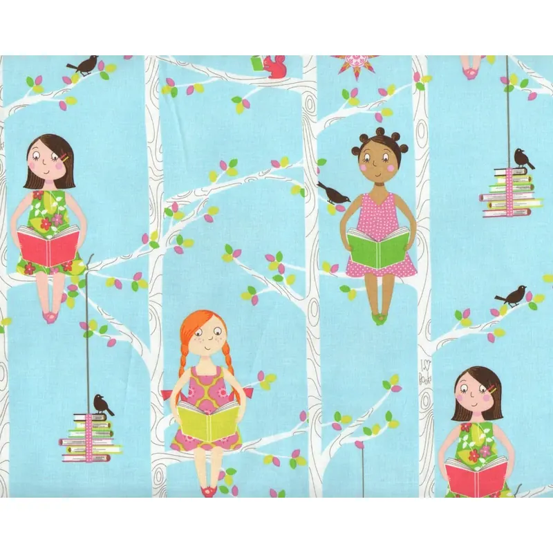 Patchworkstoff QUIET TIME, Mädchen auf Bäumen, hellblau-pastellrot