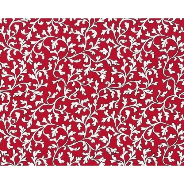 Patchworkstoff "Red Rouge" mit verspielten Blattranken, rot-weiß