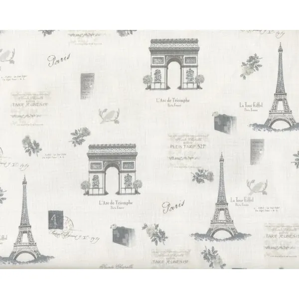 Patchworkstoff "Rosies Journey" mit Sehenswürdigkeiten von Paris, wollweiß-grau