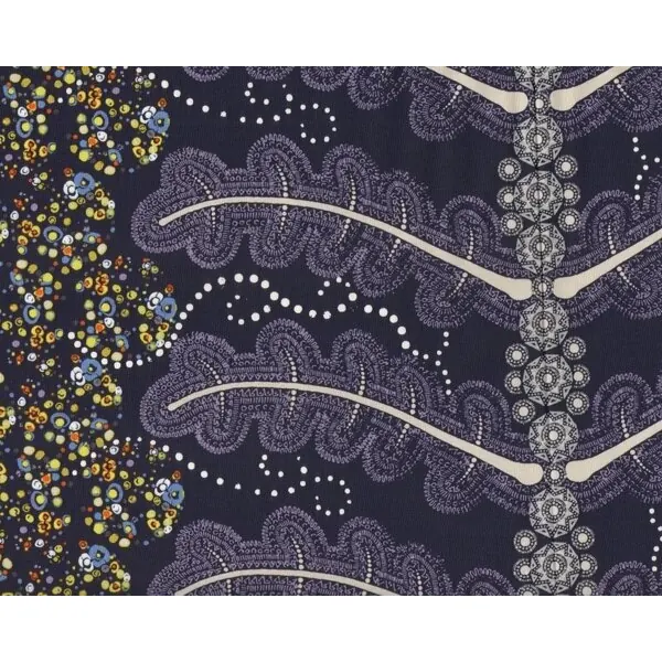 Patchworkstoff "Ruby", Längs-Bordüren-Streifen mit Tupfen und Ornament-Federn, dunkelblau-lila