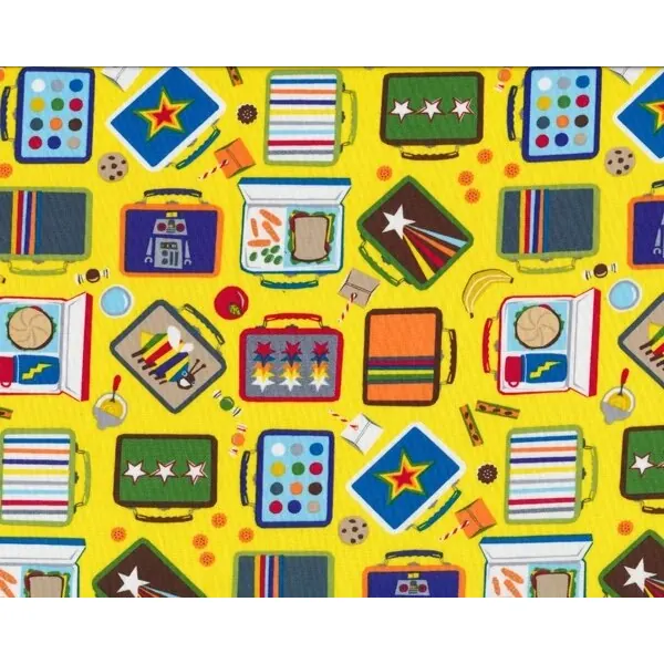 Patchworkstoff SCHOOL mit bunten Koffern und Pausenbroten, gelb-blau-moosgrün