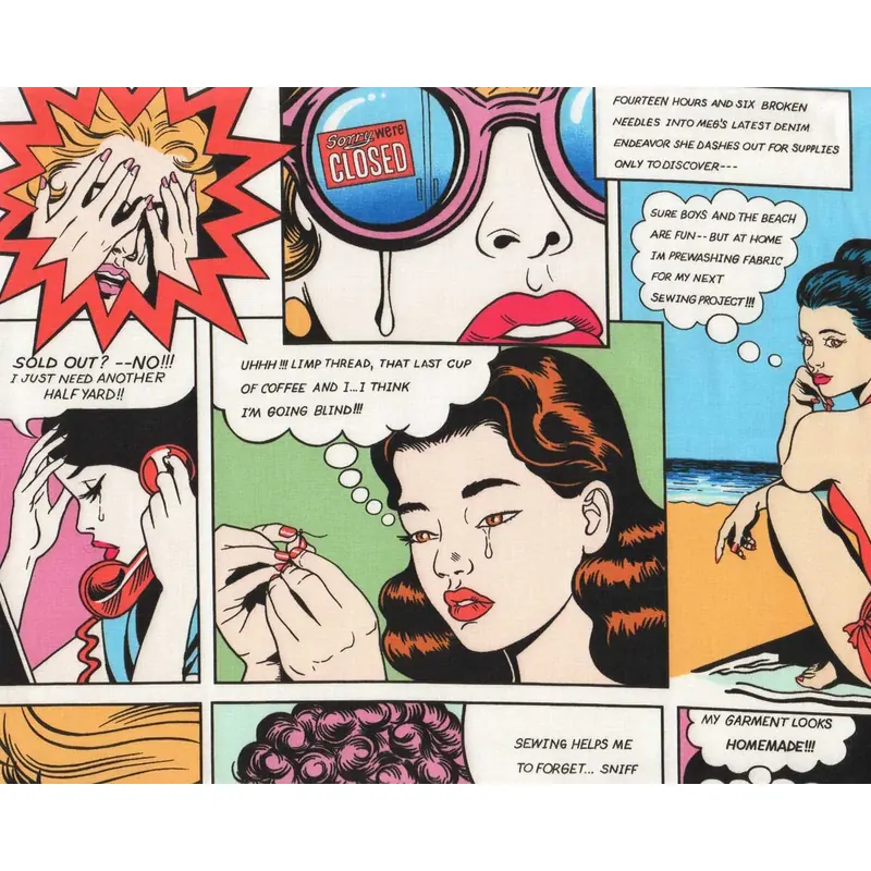 Patchworkstoff SEWING WOES, großes Näh-Comic, Alexander Henry