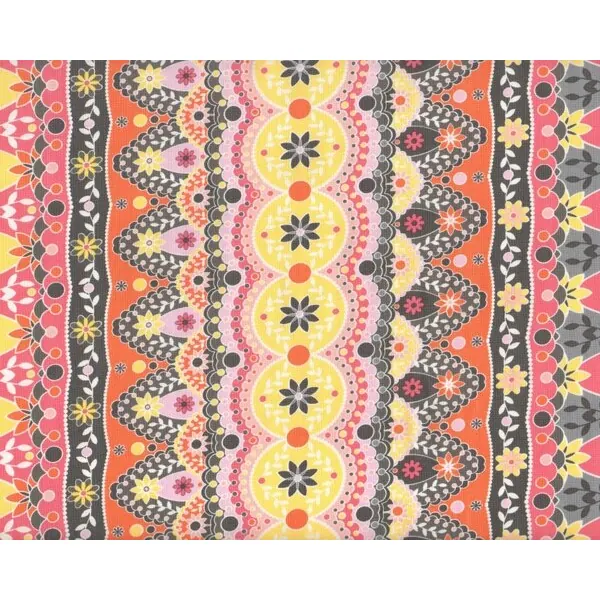 Patchworkstoff SILENT CINEMA mit Ornament-Bordüren-Streifen, pink-gelb, Jenean Morrison