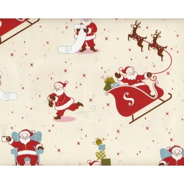 Patchworkstoff "Sleigh Ride" mit Weihnachtsmann im Rentier-Schlitten, rot-cremé
