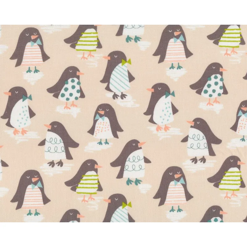 Patchworkstoff SNOW DAY, Pinguine, hellbeige-schlammbraun-petrol