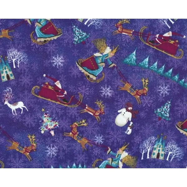 Patchworkstoff "Snow Queen" mit märchenhaften Rentierschlitten, lilablau-türkis-weinrot