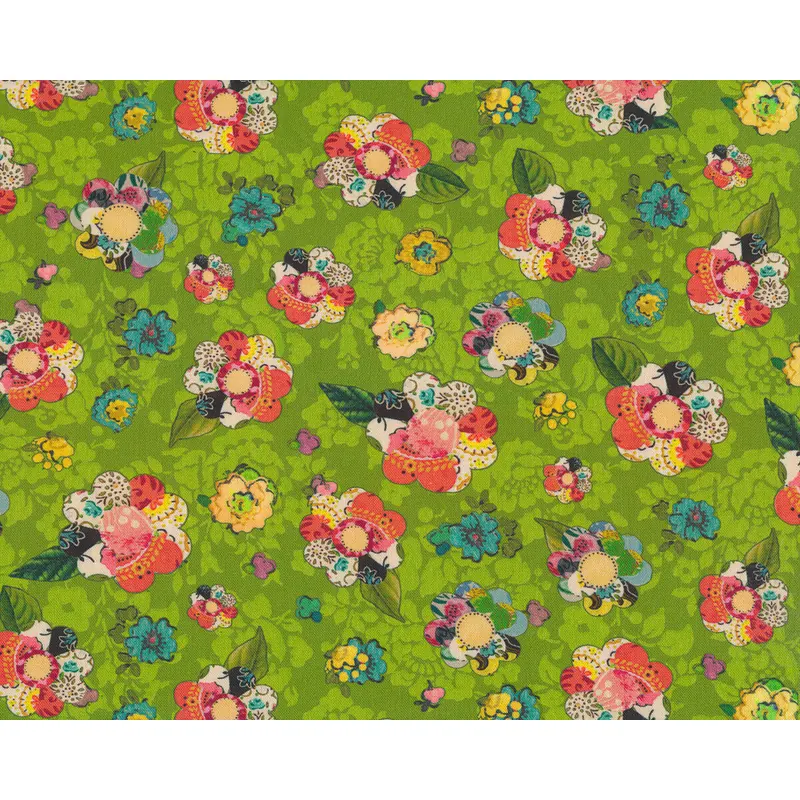 Patchworkstoff Soulshine and Daydreams, Collage-Blüten, limette, Kelly Rae Roberts