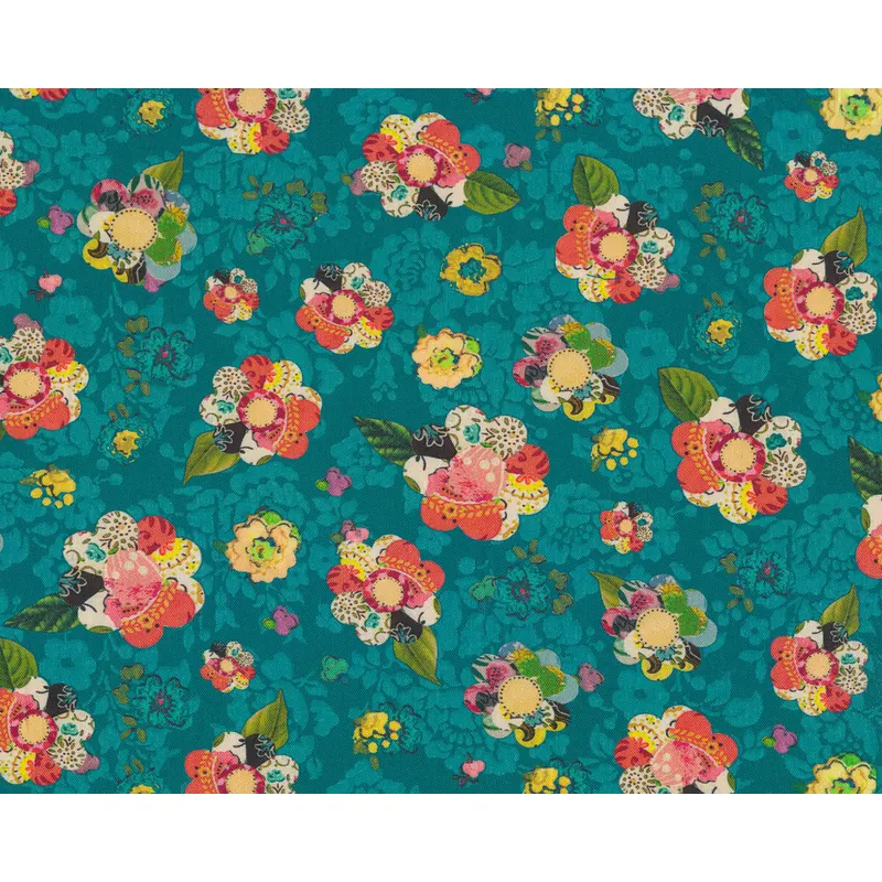 Patchworkstoff Soulshine and Daydreams, Collage-Blüten, petrol, Kelly Rae Roberts
