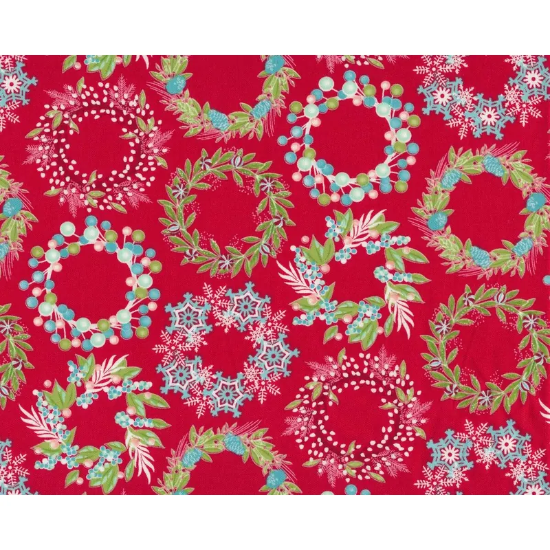 Patchworkstoff SPARKLE, Weihnachtskränze, rot-türkis