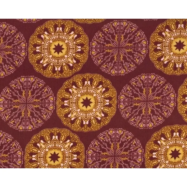 Patchworkstoff STAR FLAKES AND GLITTER, kreisförmiges Blatt-Ornamentmuster, aubergine-goldgelb