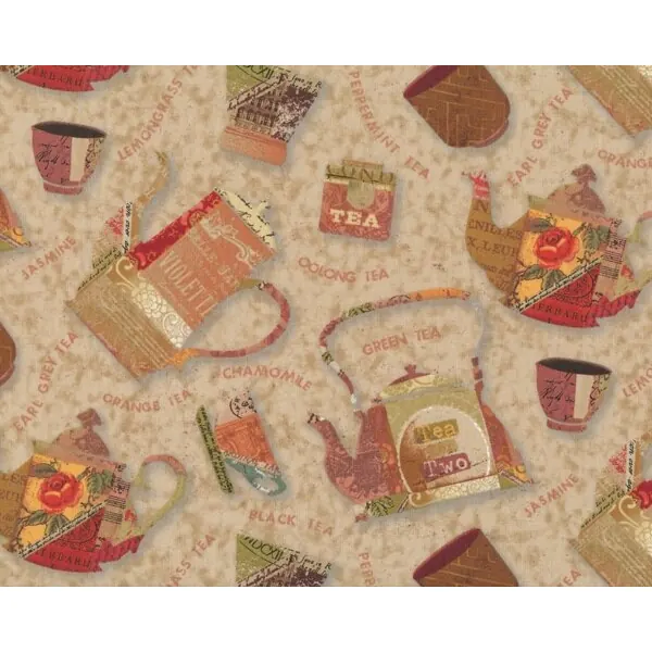 Patchworkstoff "Teapot" mit Teekannen und -tassen, beige-aprikot-braun