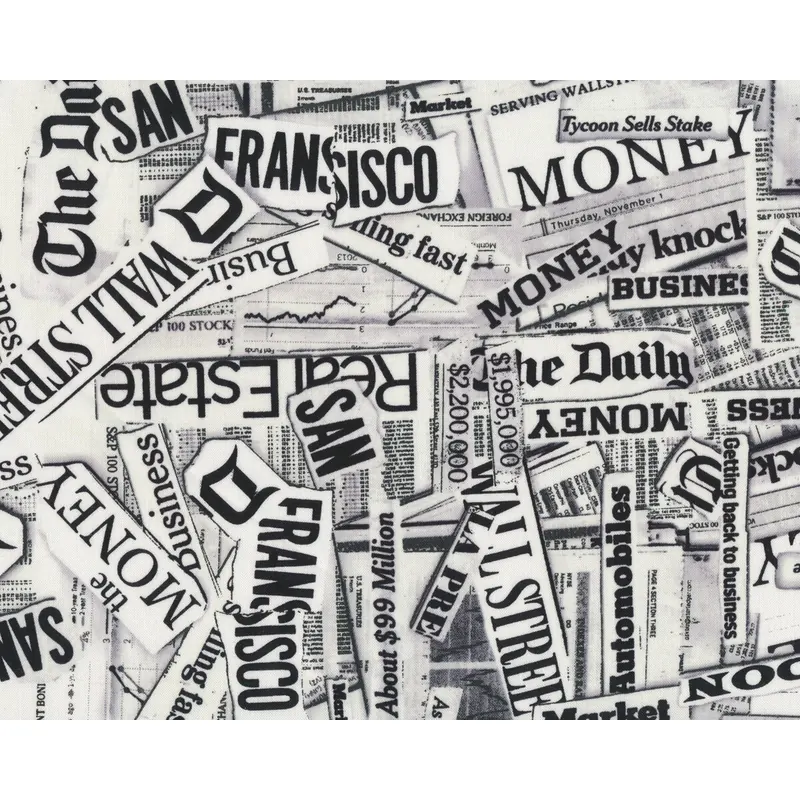 Patchworkstoff THE NEW RENAISSANCE MAN, Zeitungsnachrichten, schwarz-weiß
