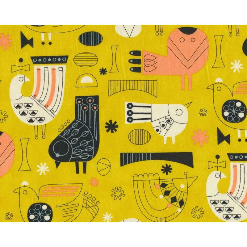 Patchworkstoff TIKI TOK, Vogel-Illustrationen, goldgelb-helles aprikot, Moda Fabrics
