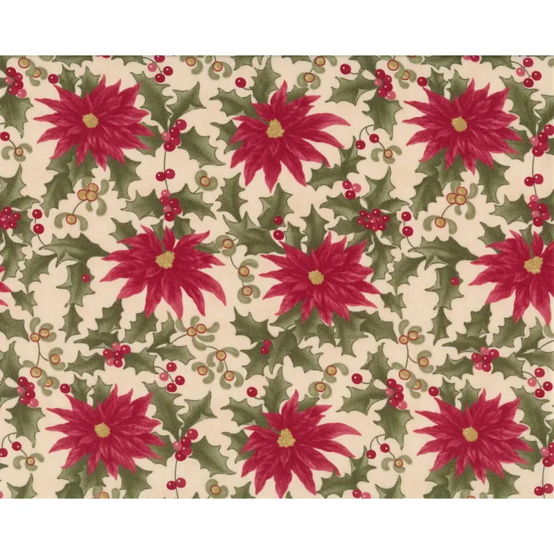 Patchworkstoff UNDER THE MISTLETOE, Weihnachtsstern und Ilex, hellbeige-dunkelrot, Moda Fabrics