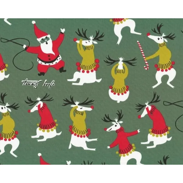 Patchworkstoff "Unruly Reindeer" mit Weihnachtsmann und Rentier im Retro-Style, grün-rot