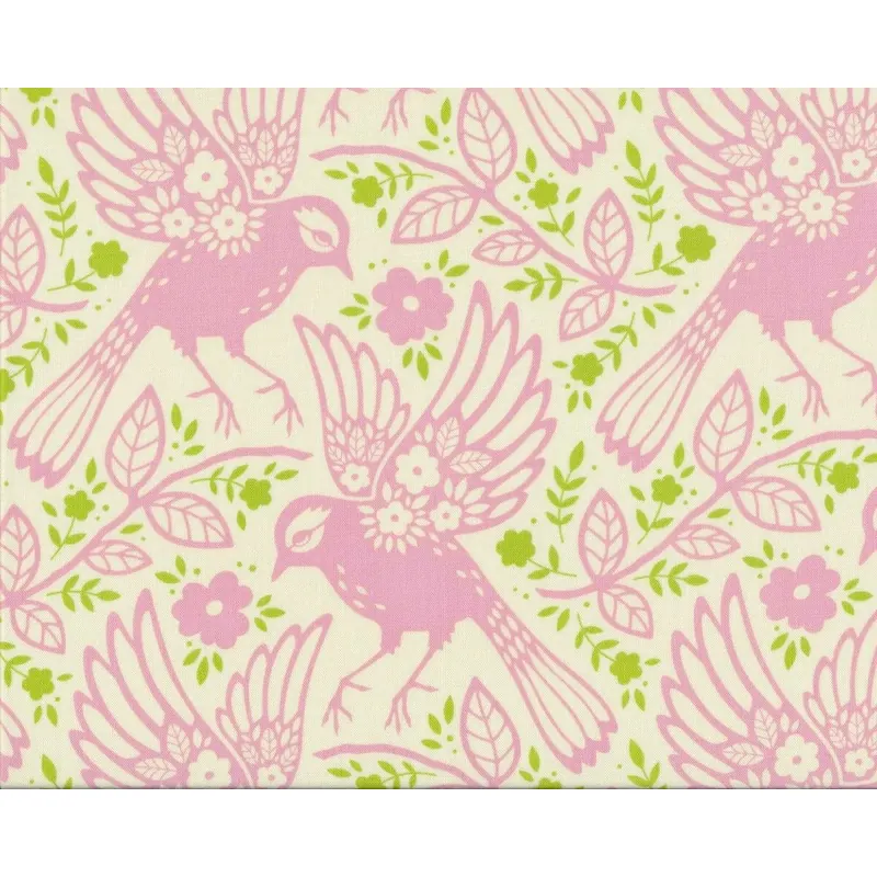 Patchworkstoff UP PARASOL, Blumen-Vögel, rosa-hellgrün