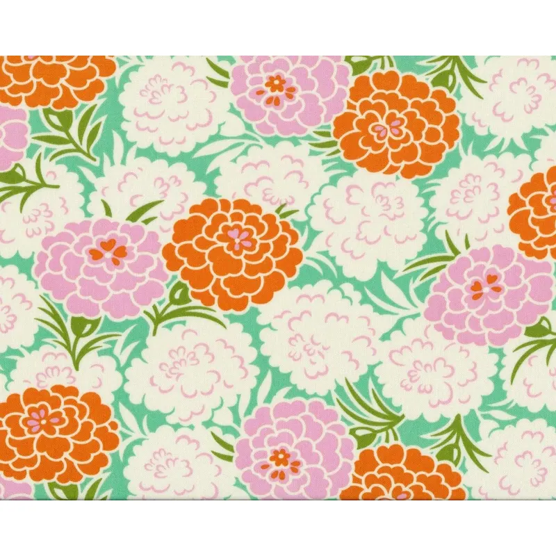 Patchworkstoff UP PARASOL, Chrysanthemen, aprikot-türkisgrün