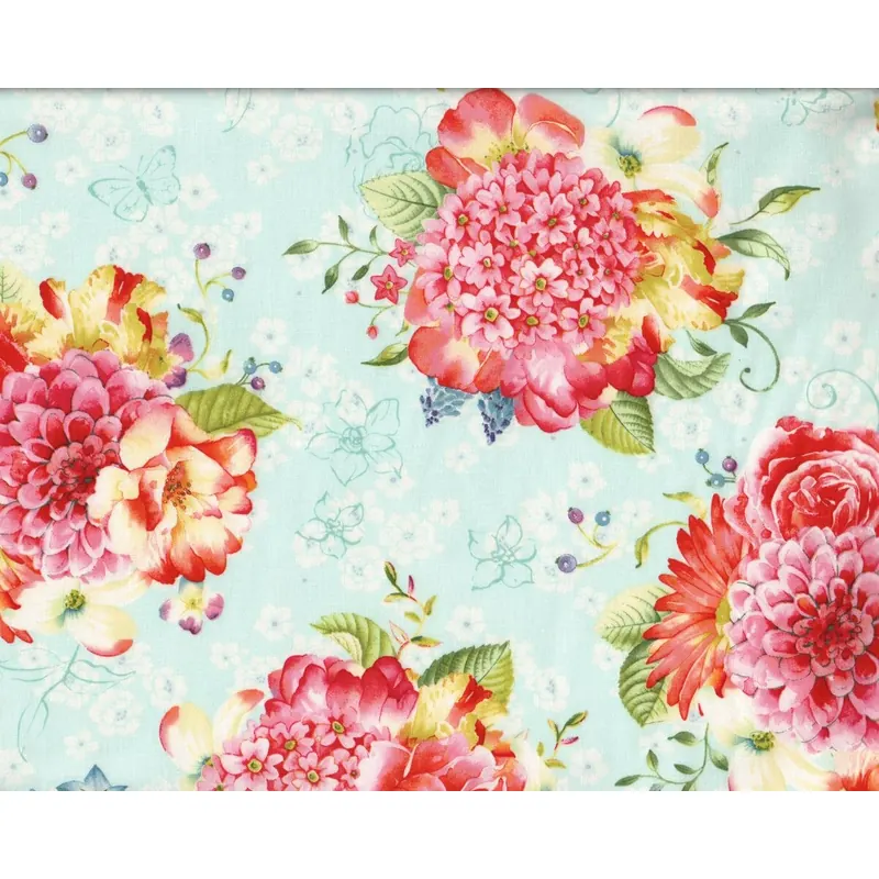 Patchworkstoff VERANDA, Sommerblumenpracht, helles türkis-rosa