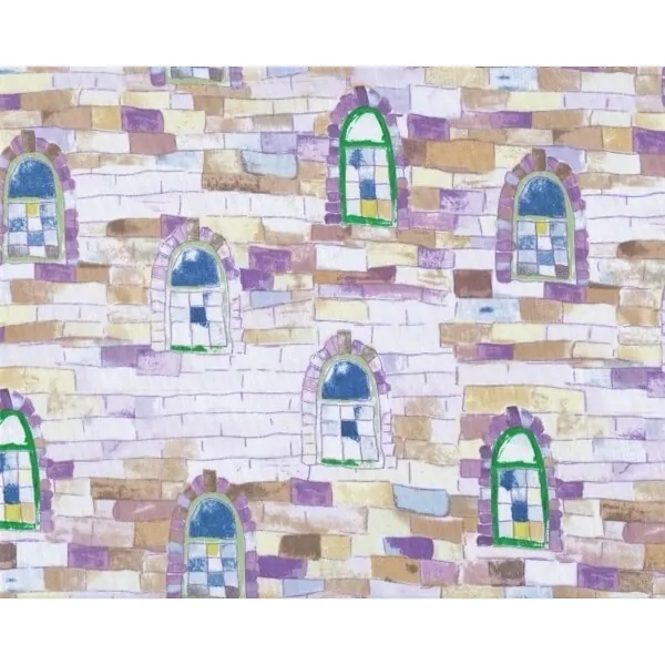 Patchworkstoff "Watercolor Garden" mit Burgmauer mit Fenstern, lila-blau