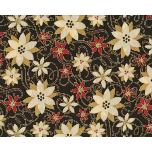 Patchworkstoff "Weihnachtsklassiker" mit Weihnachtsblüten auf geschwungenen Rankenlinien, schwarz-gold