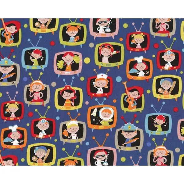 Patchworkstoff "When I Grow Up" mit Fernsehfiguren aus den 60er'n, blau-limette-rot