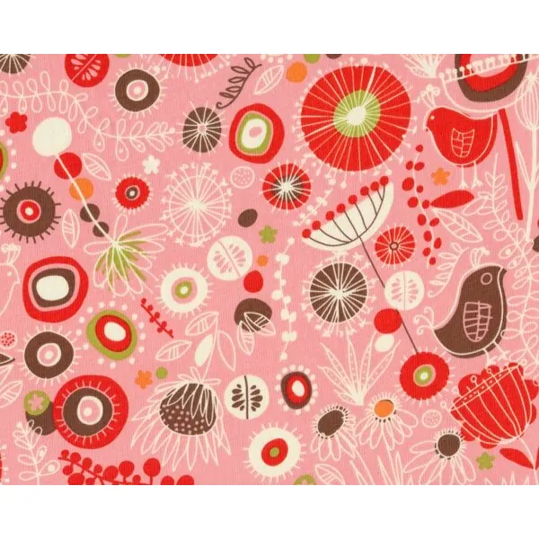 Patchworkstoff "Wild Thyme" mit Comic-Blüten und Vögeln, rosa-rot