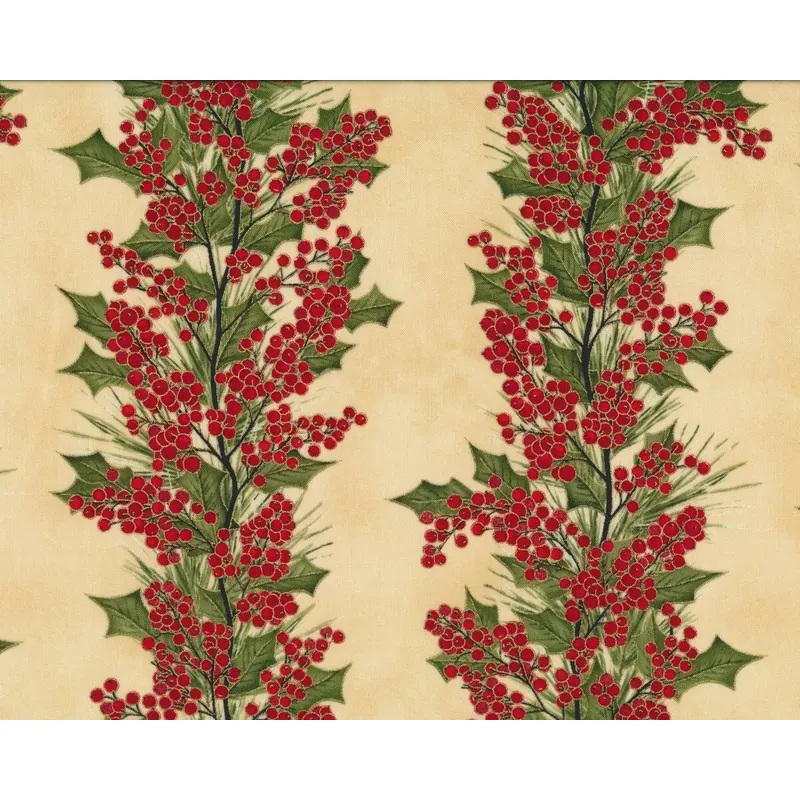 Patchworkstoff WINTER BERRIES, Ilex-Ranken, rot-beige-gold metallic