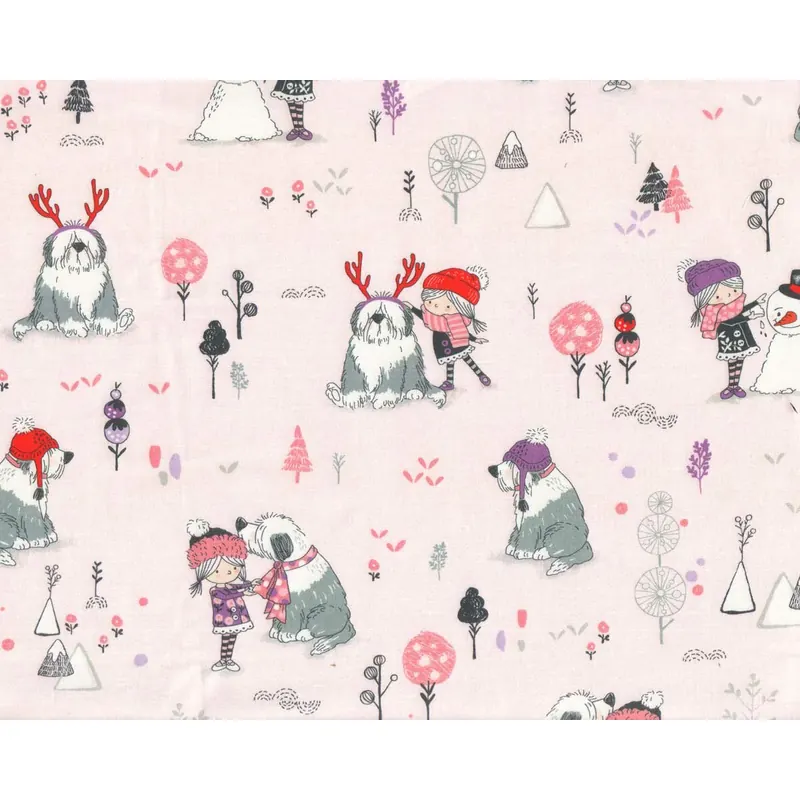 Patchworkstoff WINTER DAYS, Mädchen und Hund, rosa, Michael Miller