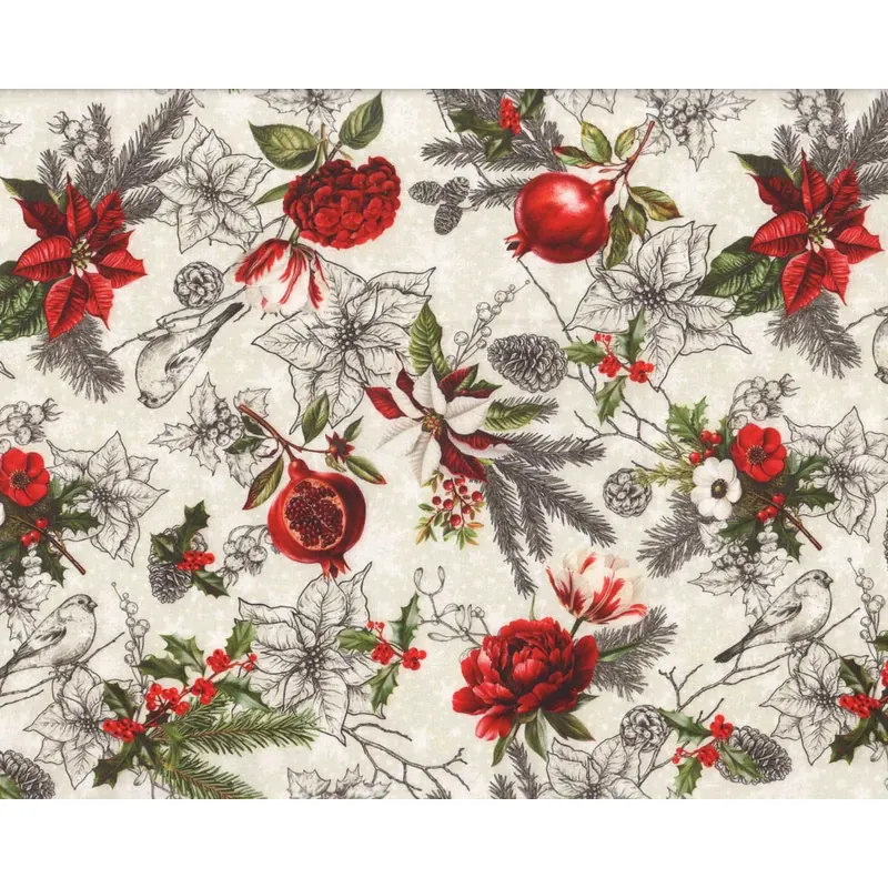 Patchworkstoff WINTER ENCHANTMENT, Beeren & Vögel, creme, In The Beginning