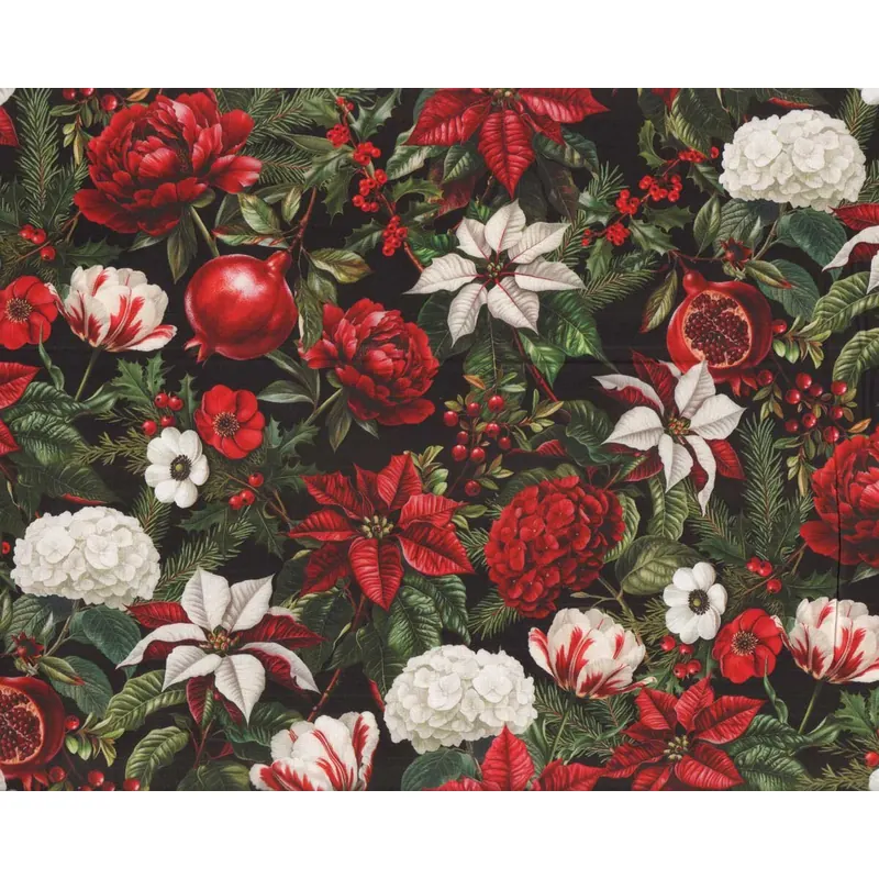 Patchworkstoff WINTER ENCHANTMENT, Blumen & Granatäpfel, schwarz, In The Beginning