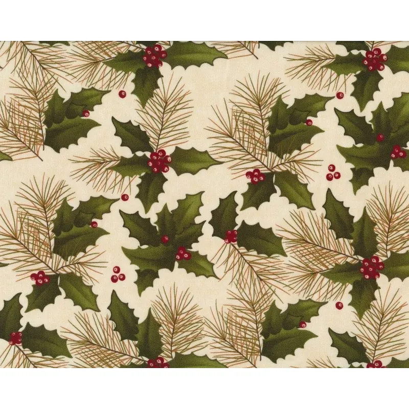 Patchworkstoff WINTER'S SONG, Ilex und Tannenzweige, hellbeige-olive, Moda Fabrics