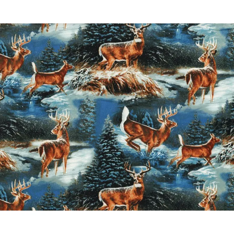 Patchworkstoff WINTERGREEN SCENIC, Hirsche im Schnee, blau-hellbraun