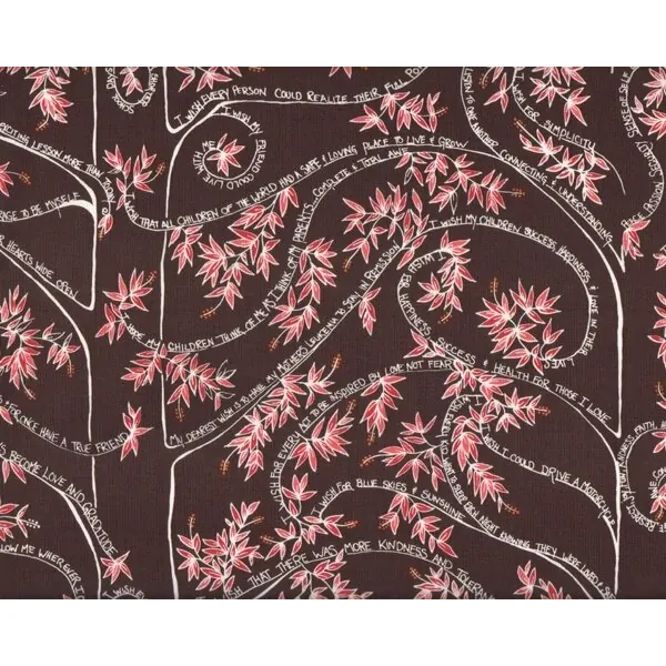 Patchworkstoff "Wish", Wunsch-Bäume mit Schrift, dunkelbraun-rosa