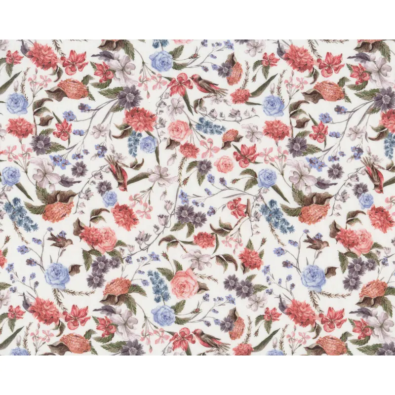 Popeline-Baumwollstoff CALANDRIA, Blüten und Vögel, rosé