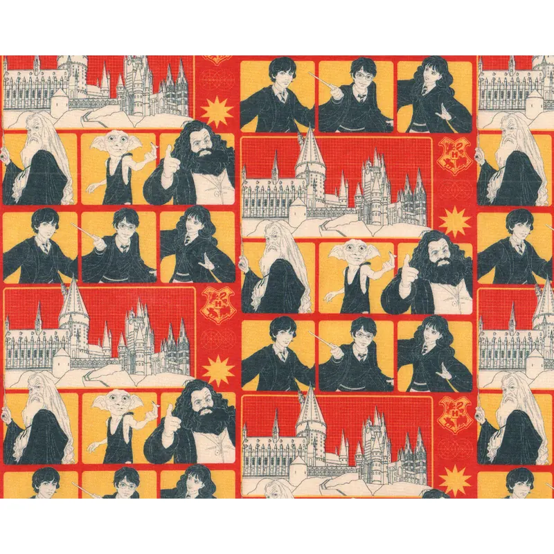 Popeline-Baumwollstoff HARRY POTTER, Dumbledore vor Hogwarts, gelb