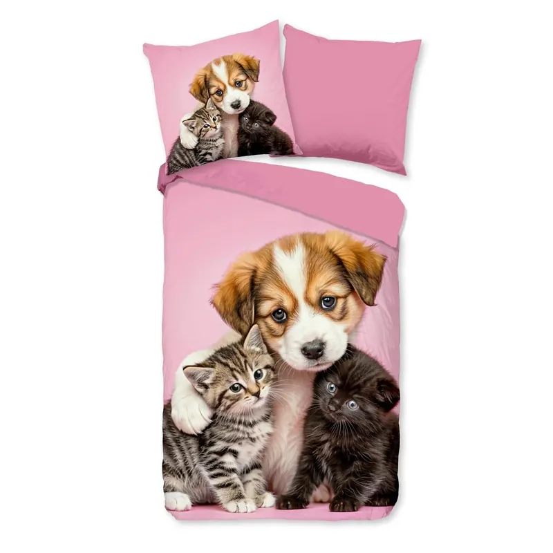 Pure Bettwäsche 135x200 + 1 x 80x80 cm Mikrofaser Amis Hund und Katze rosa