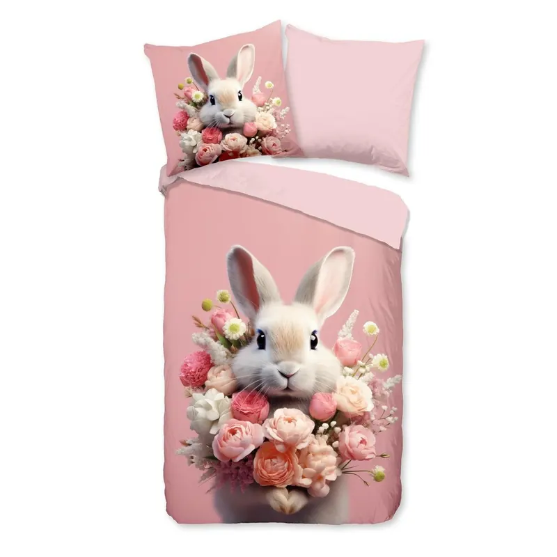 Pure Bettwäsche 135x200 + 1 x 80x80 cm Mikrofaser Cathy Hase mit Blumen rosa