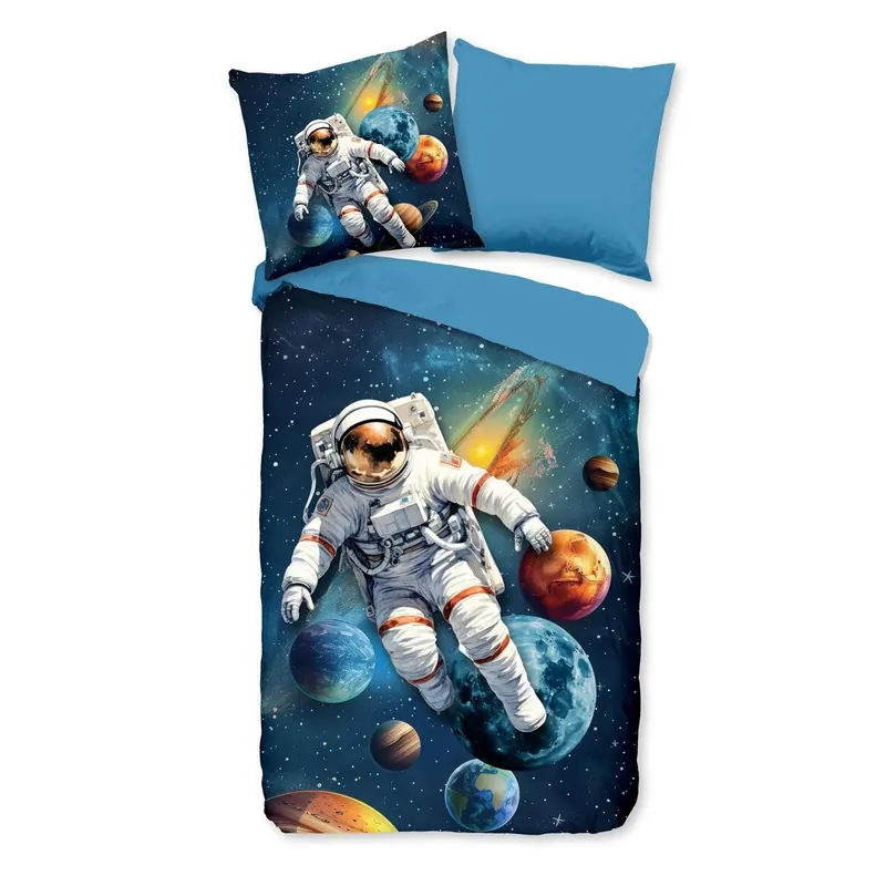 Pure Bettwäsche 135x200 + 1 x 80x80 cm Mikrofaser Saros Astronaut im Weltraum blau
