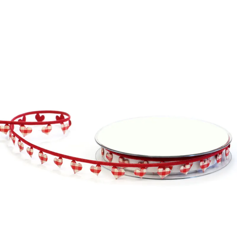 Schmuckband TRACHT, Karoband mit 3D-Herzen, dunkelrot